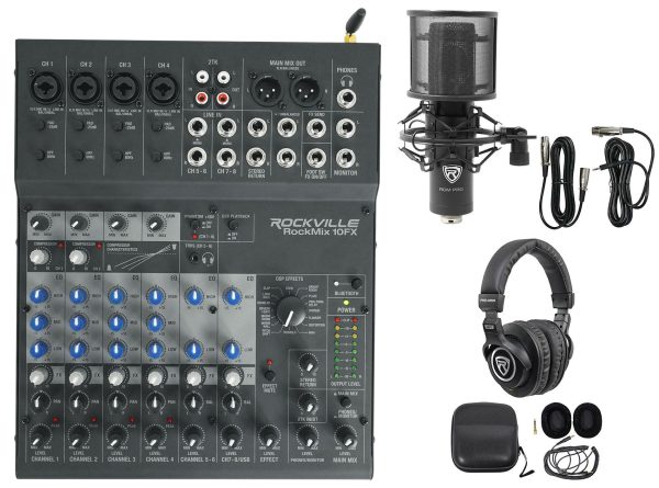 Rockville ROCKMIX 10FX 10 Channel Mixer USB Recording Interface+Mic+Headphones Discount