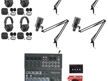 Rockville 4-Person Podcast Podcasting Kit w  10-Ch. Mixer+Mics+Headphones+Booms Fashion