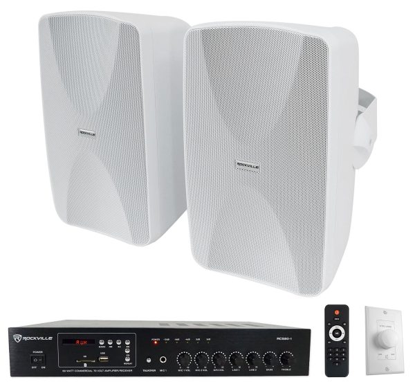 Rockville Commercial Amplifier+(2) White 6.5  4-Way Swivel Speakers+Wall Control Online Sale