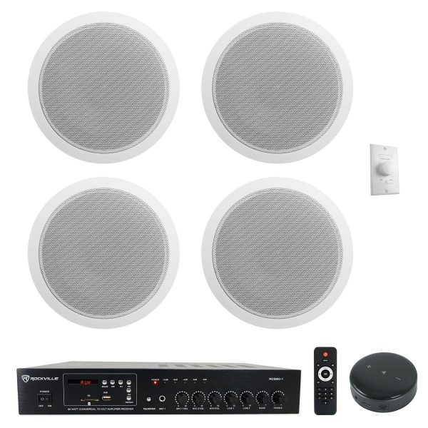 Rockville Commercial Amp+Wifi Receiver+4) 6  White Ceiling Speakers+Wall Control on Sale