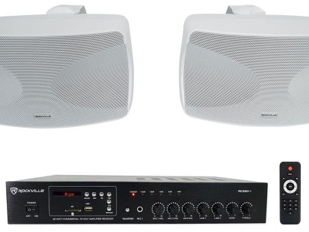 (2) Rockville WET-44 PRO Dual 4  4-Way Swivel 70V Commercial Speakers in White+Amp on Sale